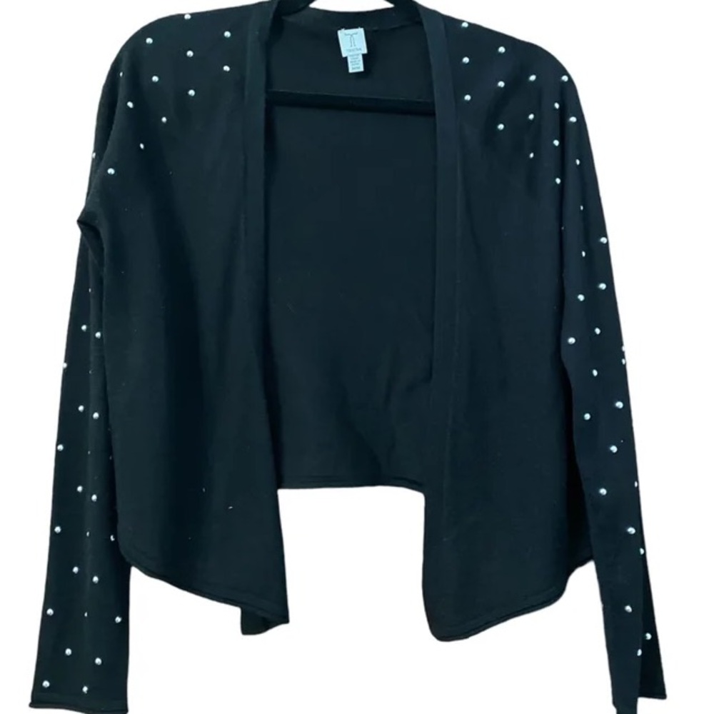 Black cropped cardigan with long sleeves and shiny embellishments